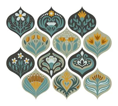 Set of Ogee Flower Pattern Collection tile seamless, Lisbon floral mosaic, .. Stock Illustration