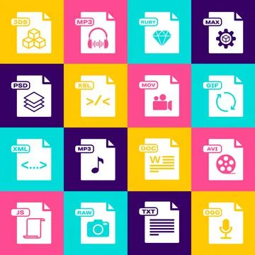 Set OGG file document, AVI, GIF, RUBY, XSL, PSD, 3DS and MOV icon. Vector Illustrazione stock