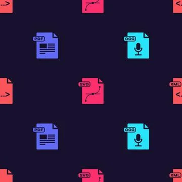 Set OGG file document, PDF, SVG and XML on seamless pattern. Vector Illustrazione stock