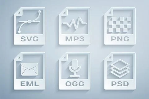 Set OGG file document, PNG, EML, PSD, MP3 and SVG icon. Vector Stock Illustration