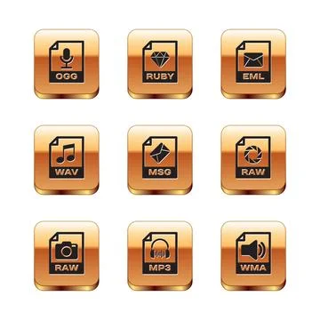 Set OGG file document, RAW, MP3, MSG, WAV and EML icon. Vector Stock Illustration