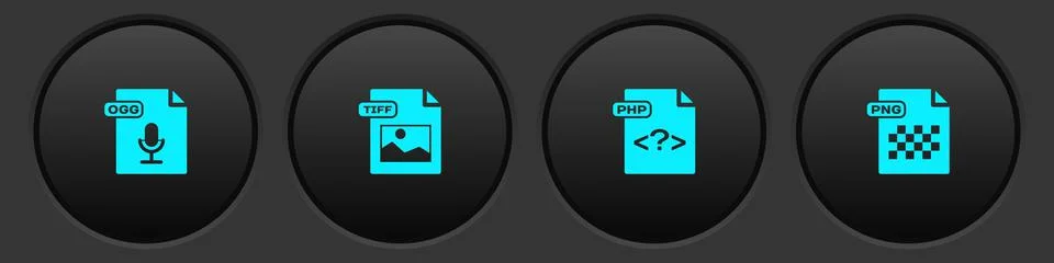 Set OGG file document, TIFF, PHP and PNG icon. Vector Illustrazione stock