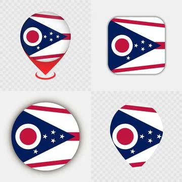 Set of Ohio State Flag Icons and Map Pins. Stock Illustration