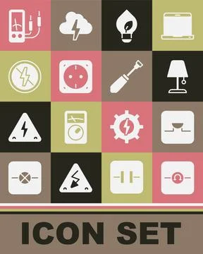 Set Ohmmeter, Buzzer in electronic circuit, Table lamp, Light bulb with leaf Stock Illustration