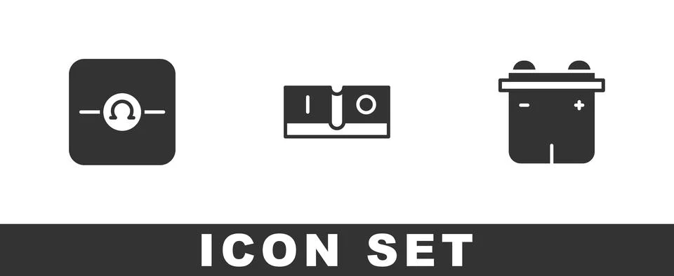Set Ohmmeter, Electric light switch and Car battery icon. Vector Stock Illustration