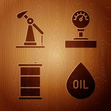Set Oil drop, Oil pump or pump jack, Barrel oil and Gauge scale on wooden b.. Stock Illustration