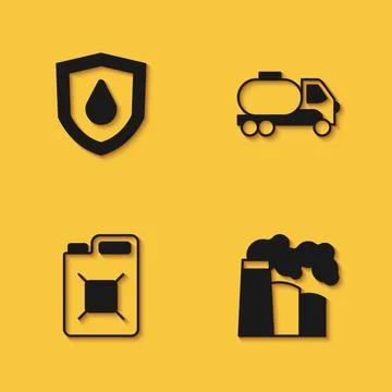 Set Oil drop on shield, and gas industrial factory, Canister for gasoline and Illustration