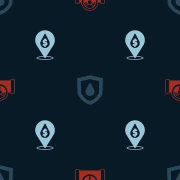 Set Oil pipe with valve, drop on shield and dollar symbol on seamless pattern Stock Illustration