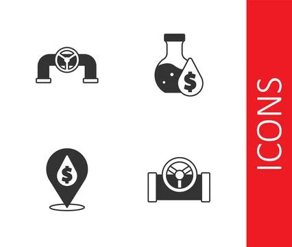 Set Oil pipe with valve, drop dollar symbol and petrol test tube icon. Vector Ilustración de archivo