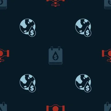 Set Oil pipe with valve, drop dollar symbol and on seamless pattern. Vector Stock Illustration