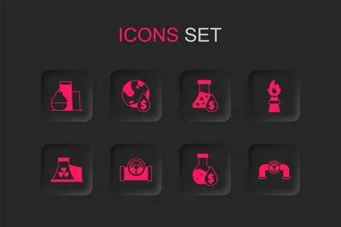 Set Oil pipe with valve, drop dollar symbol, tank storage, petrol test tube.. Illustrazione stock