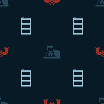 Set Oil pipe with valve, Nuclear power plant and Barrel oil on seamless pattern Stock Illustration