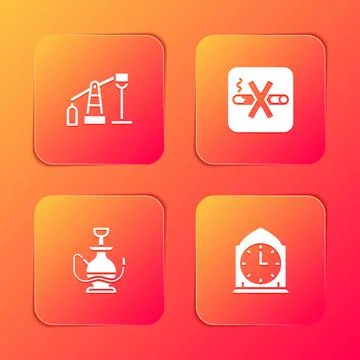 Set Oil pump or pump jack, No Smoking, Hookah and Clock icon. Vector 스톡 일러스트