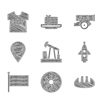 Set Oil pump or pump jack, Snowflake, Bread loaf, Rocket ship, National Russia Stock Illustration
