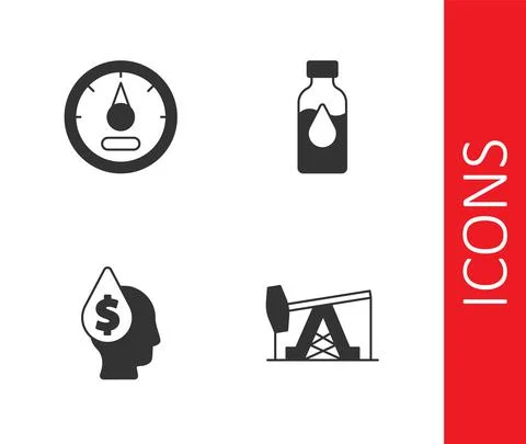Set Oil pump or pump jack, Motor gas gauge, drop with dollar symbol and petrol 库存插图