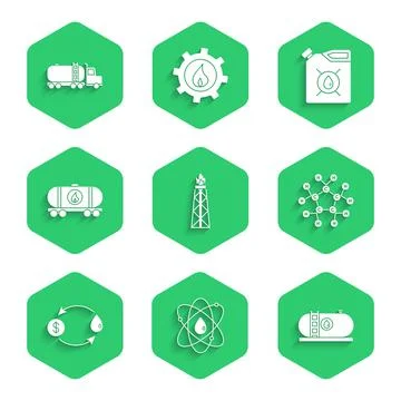 Set Oil rig with fire, Atom, industrial factory building, Molecule oil, exchange Stock Illustration
