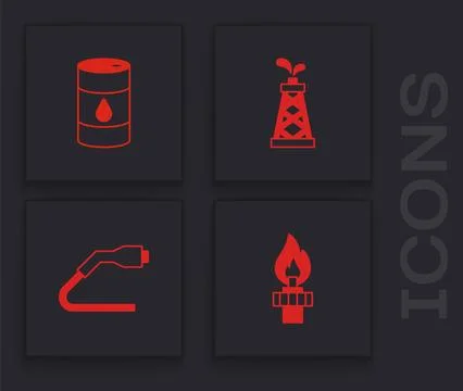 Set Oil rig with fire, Barrel oil,  and Electrical cable plug charging icon.. Stock Illustration