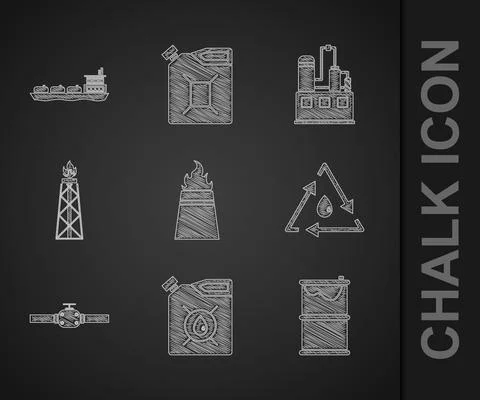 Set Oil rig with fire, Canister for motor machine oil, Barrel leak, drop recycle Stock Illustration