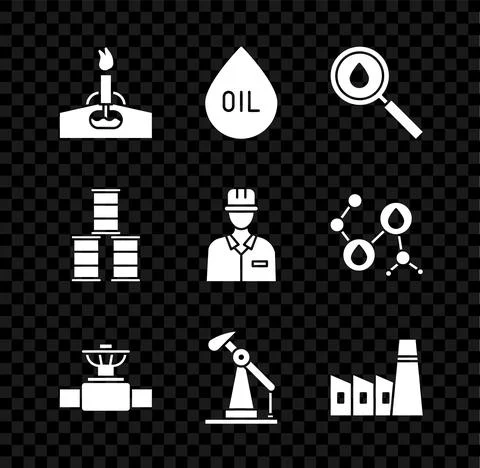 Set Oil rig with fire, drop, Industry pipe and valve, pump or pump jack Stock Illustration