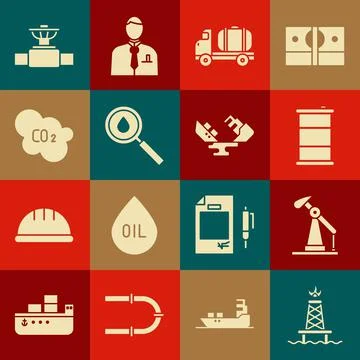 Set Oil rig with fire, pump or pump jack, Barrel oil, Tanker truck, drop, CO2 Stock Illustration