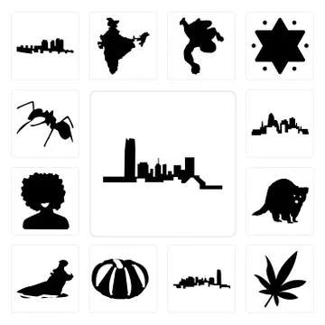 Set of oklahoma, marijuana leaf, pumpkin, hippo, raccoon, afro, , ant icons Illustrazione stock gratuita