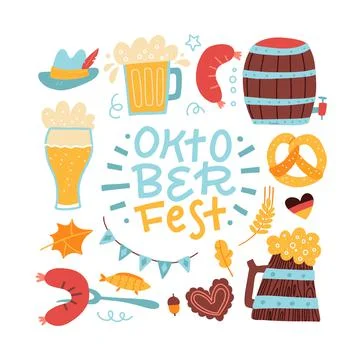 Set of Oktoberfest hand drawn elements. Lettering Phrase inside square frame Illustrazione stock