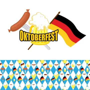 Set for Oktoberfest. Logo and pattern of rhombus. Beer and sausages, flag of  Illustrazione stock