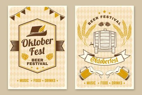 Set of Oktoberfest retro posters. Vector. Beer mug, German traditional hat,.. Stock Illustration