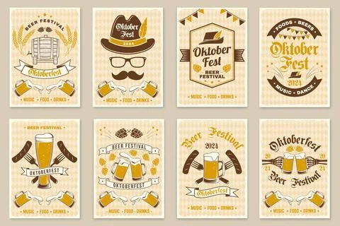 Set of Oktoberfest retro posters. Vector. Beer mug, German traditional hat, B Stock Illustration