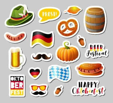 Set of Oktoberfest vector design elements, photo booth props, stickers, badges 스톡 일러스트