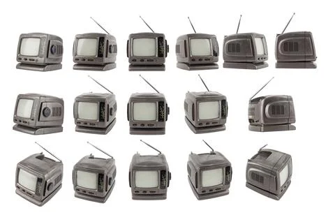 Set of old 5.5 inch protable analog crt tv unit isolated on white in different Фото