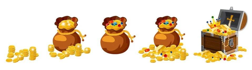 Set of old bags, purses, empty and full of gold, coins, brillants, treasures イラスト素材