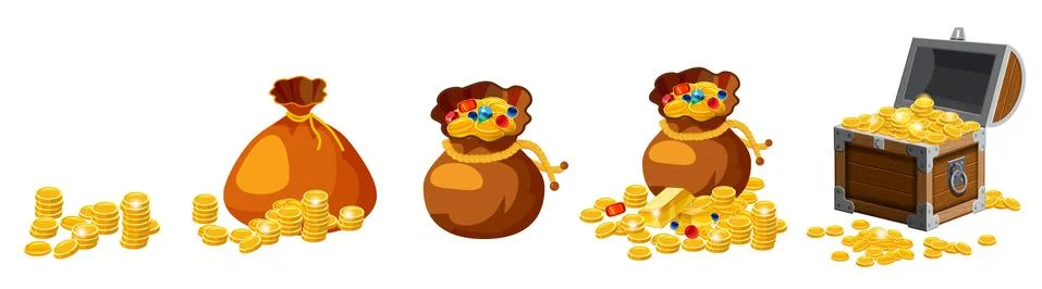 Set of old bags, purses, empty and full of gold, coins, brillants, treasures イラスト素材
