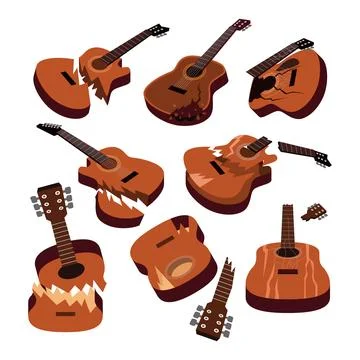 Set of old broken guitar set collection with smashed guitar broken neck and.. Stock Illustration