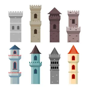 Set of old castle towers collection, Medieval castle towers, magic fantasy .. Illustrazione stock