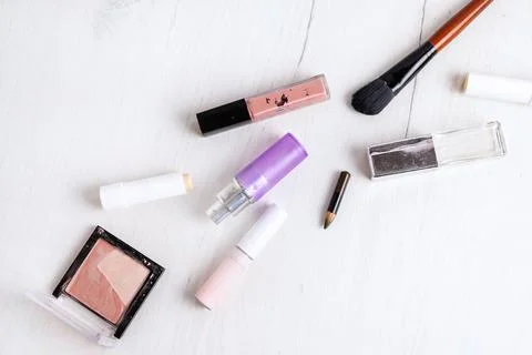 Set of old cosmetics on white background, copy space. Stock Photos