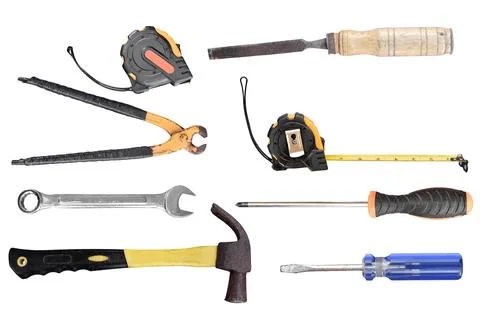 Set of old craftsman tools isolated on white background. object with clipping Stock Photos