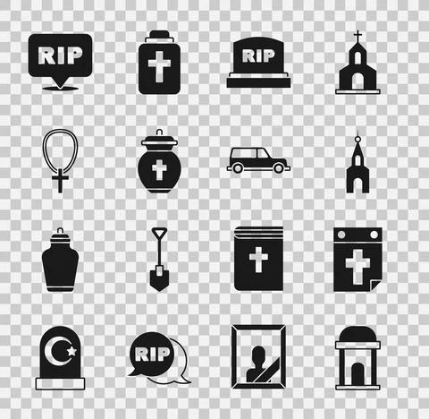 Set Old crypt, Calendar death, Church building, Tombstone with RIP written Ilustración de archivo