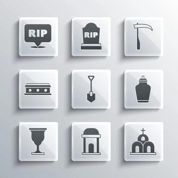 Set Old crypt, Church building, Funeral urn, Shovel, Christian chalice, Coffin Ilustración de archivo