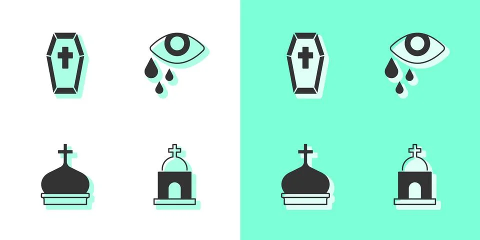 Set Old crypt, Coffin with cross, Church tower and Tear eye icon. Vector Ilustración de archivo