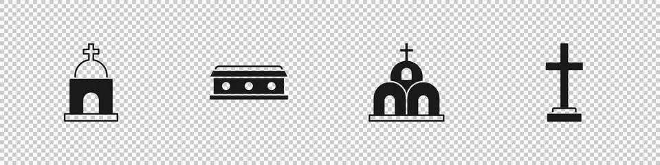 Set Old crypt, Coffin with cross, Church building and Grave icon. Vector Ilustración de archivo