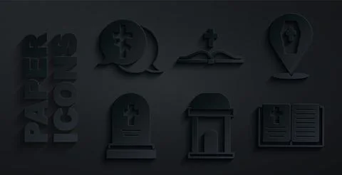Set Old crypt, Coffin with cross, Grave tombstone, Holy bible book, and ico.. Ilustración de archivo