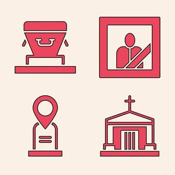 Set Old crypt, Coffin, Mourning photo frame and Location grave icon. Vector Stock-Illustration