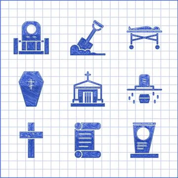 Set Old crypt, Decree, parchment, scroll, Grave with tombstone, coffin Ilustración de archivo