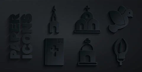 Set Old crypt, Dove, Holy bible book, Lily flower, Church building and icon Ilustración de archivo
