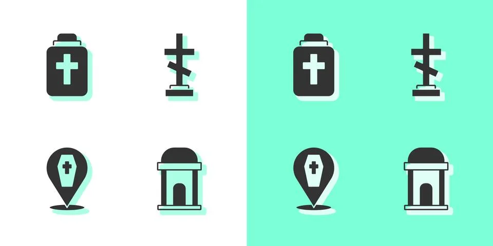 Set Old crypt, Funeral urn, Coffin with cross and Grave icon. Vector Ilustración de archivo