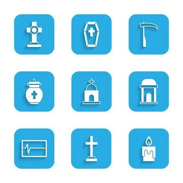Set Old crypt, Grave with cross, Burning candle, Beat dead monitor, Funeral Ilustración de archivo