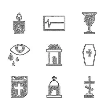 Set Old crypt, Grave with cross, Coffin, Calendar death, Tear eye, Christian Ilustración de archivo