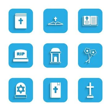 Set Old crypt, Holy bible book, Grave with cross, Flower, star of david Ilustración de archivo
