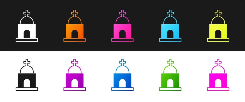 Set Old crypt icon isolated on black and white background. Cemetery symbol Ilustración de archivo
